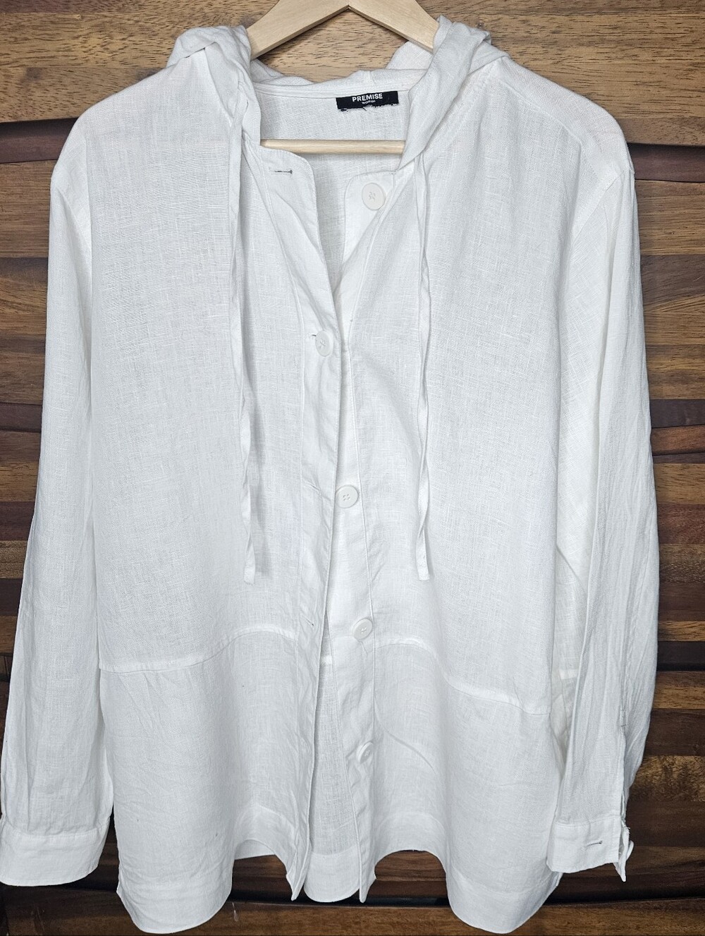 Premise White Hooded Button-Front 100% Linen Shirt/Jacket Size L